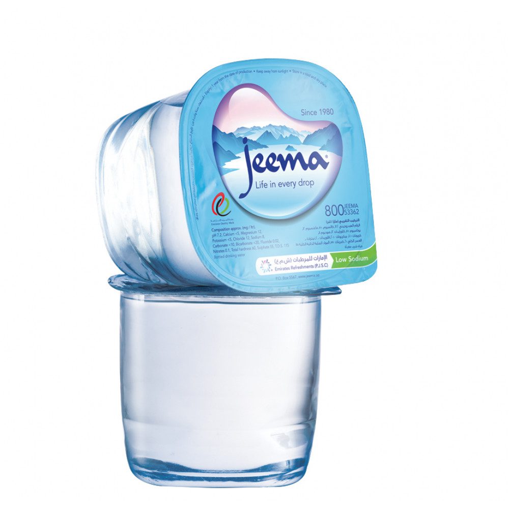 Jeema water bottle and glass.