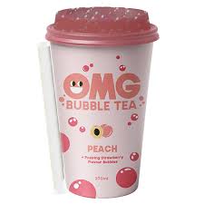 Peach bubble tea cup with straw and lid.