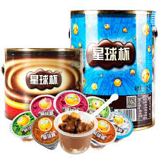 Assorted flavored snacks and dessert containers.