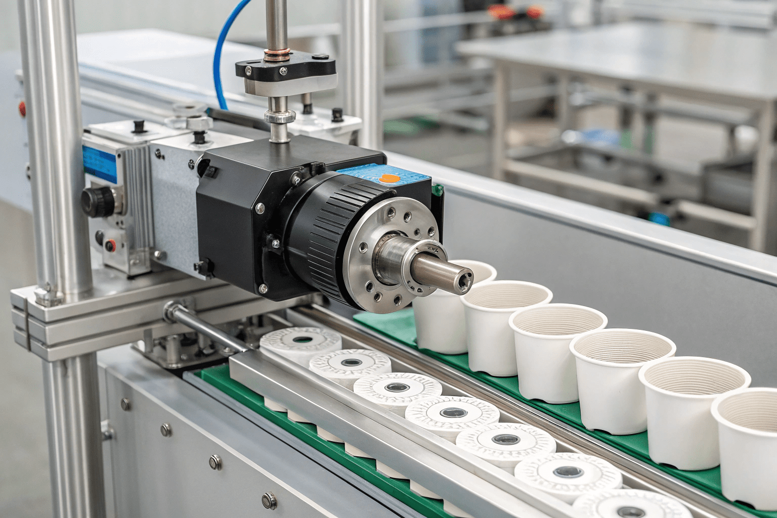 Paper cup production machine in factory.