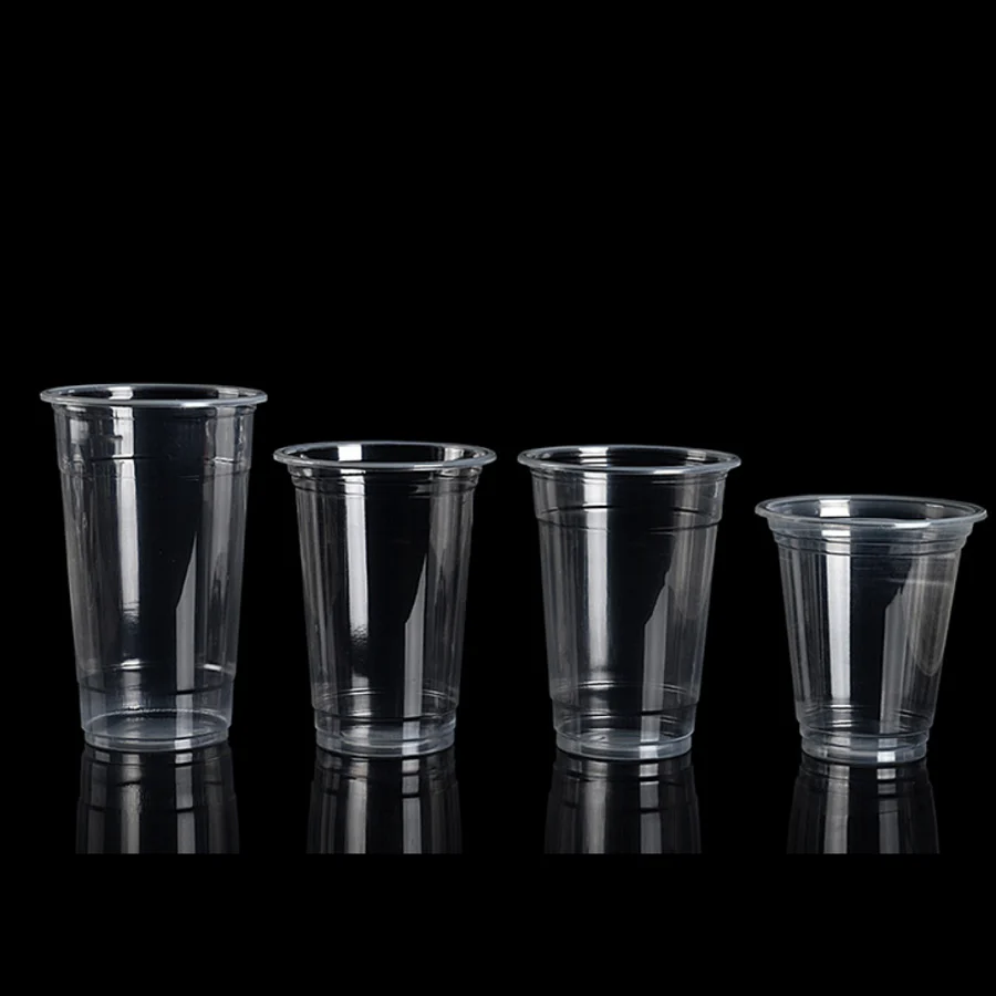 A close-up shot of crystal clear PET cups ready for filling.