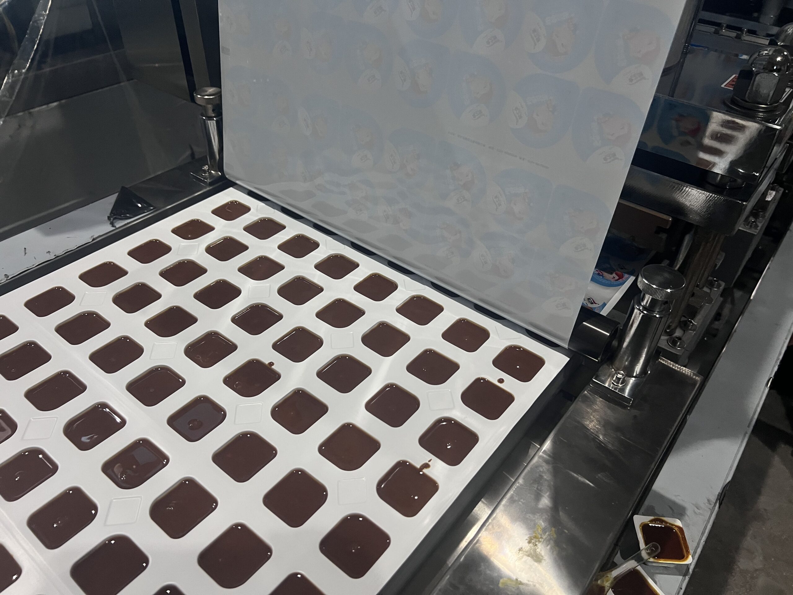 A collection of different sauce filling machines in a factory setting