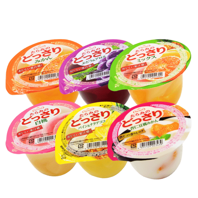 Variety of fruit dessert cups in colorful packaging.