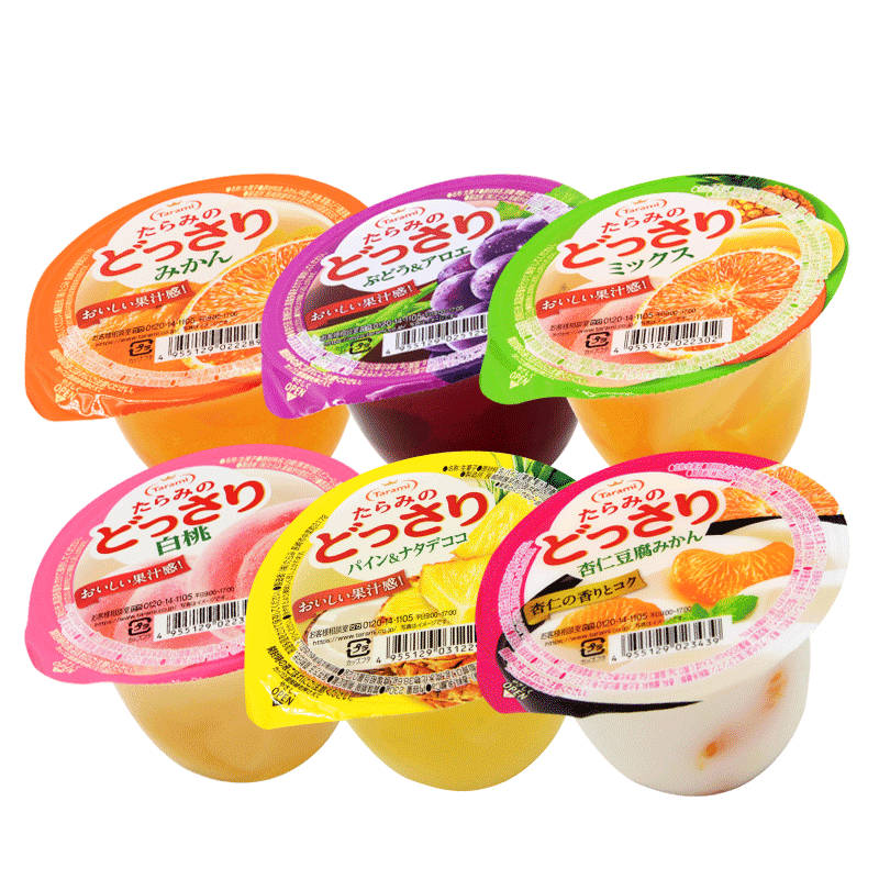 Variety of fruit dessert cups in colorful packaging.