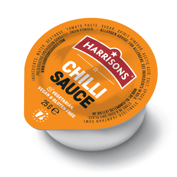 Harrisons Chilli Sauce container, vegetarian and gluten-free.