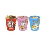 Three cups of Dip dip snacks with sticks.