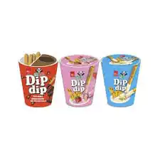 Three cups of Dip dip snacks with sticks.