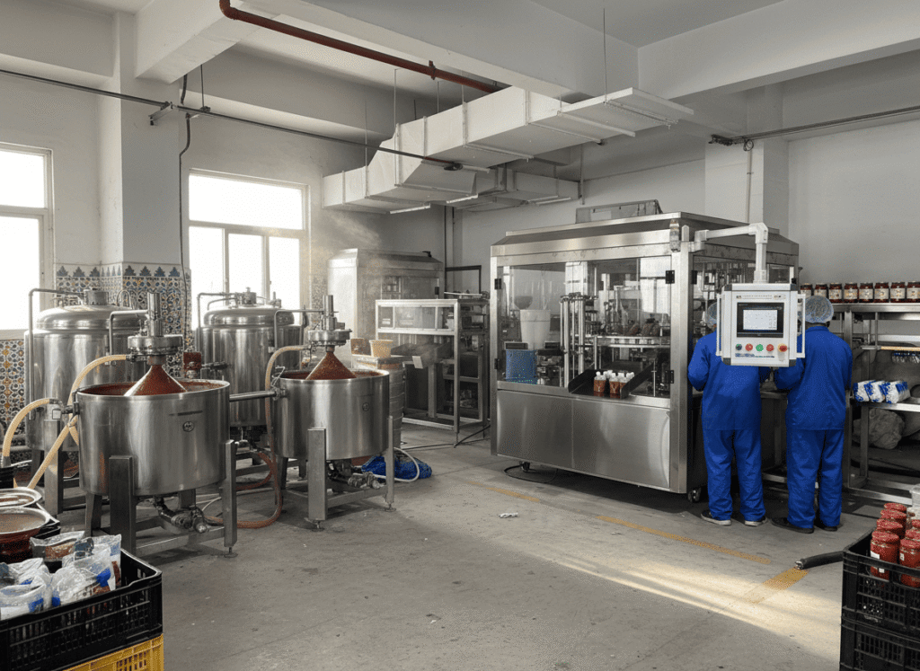 A spout pouch filling and capping machine in operation