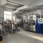 Industrial food processing facility with employees.