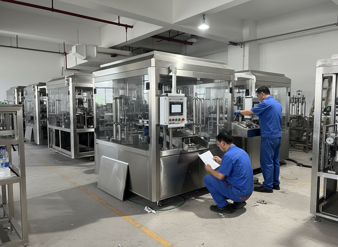 A technician adjusting the torque settings on a spout pouch capping machine