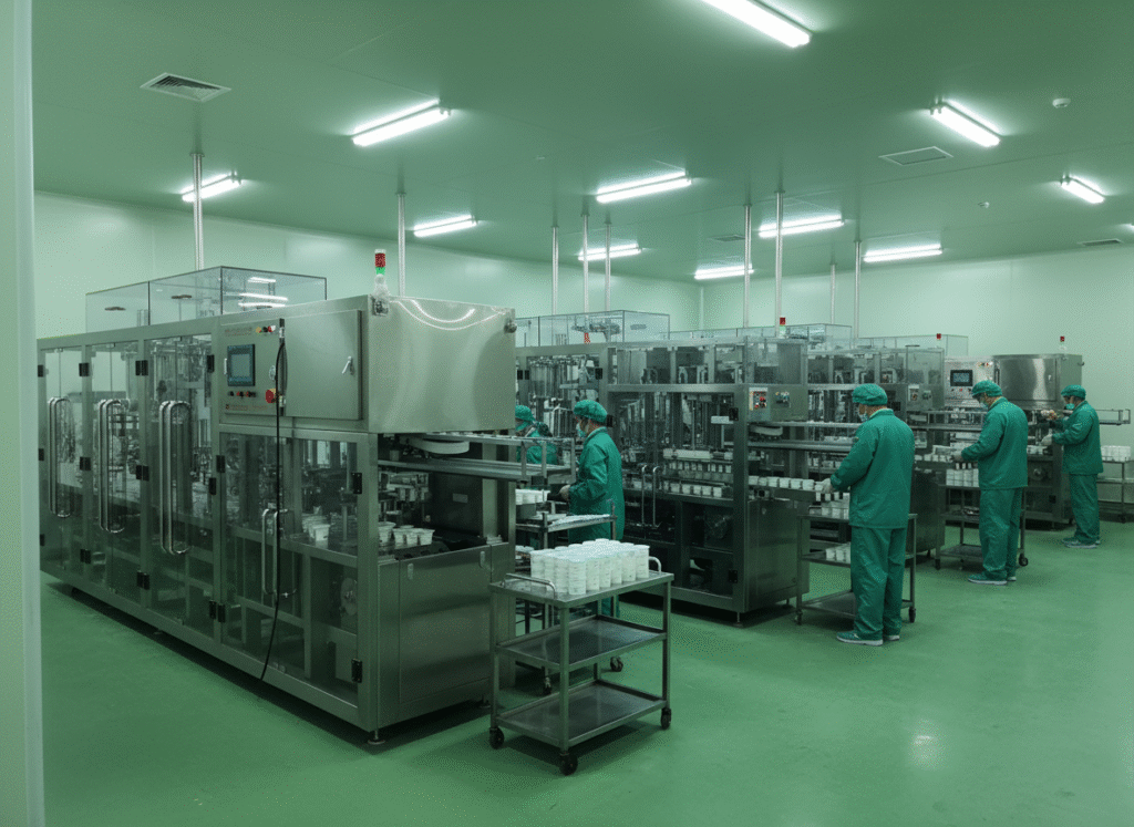Different sizes of yogurt filling machines on a factory floor