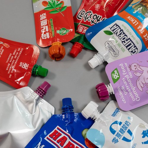 Colorful food pouches arranged in a circle.