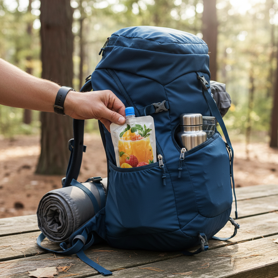 A person easily putting a spout pouch into a backpack