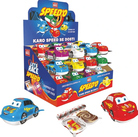 Colorful toy cars display with racing theme.