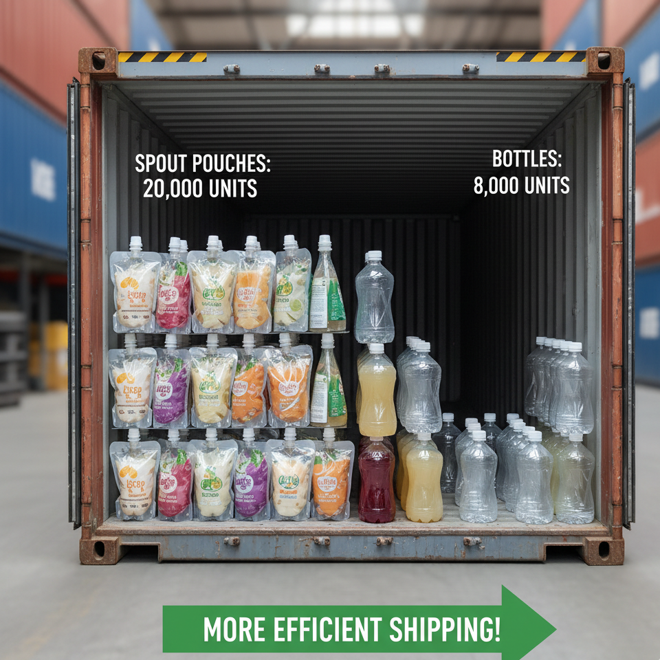 A diagram showing more spout pouches fitting into a shipping container than bottles