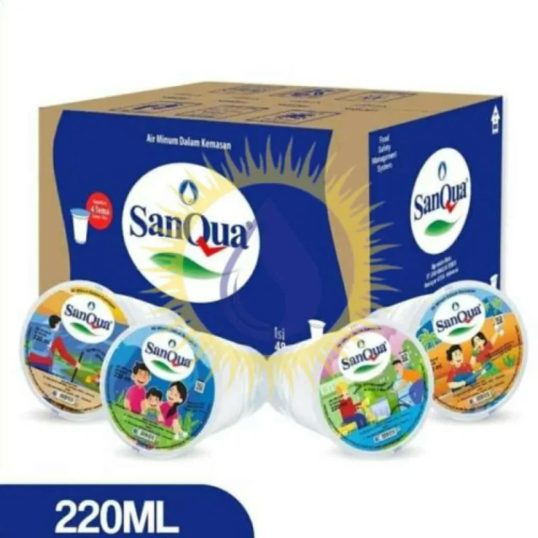 SanQua water packaging with colorful cup designs.
