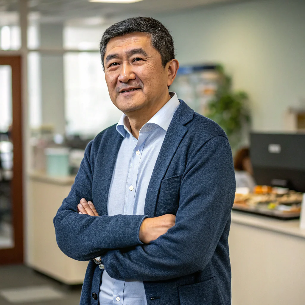 Smiling man in office setting with crossed arms.