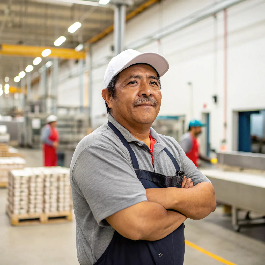 Confident worker in a busy factory setting.