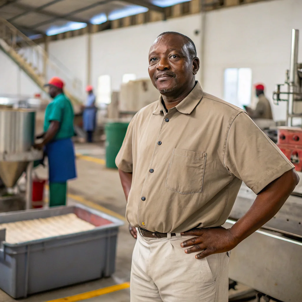 Man standing in factory setting, looking confident.