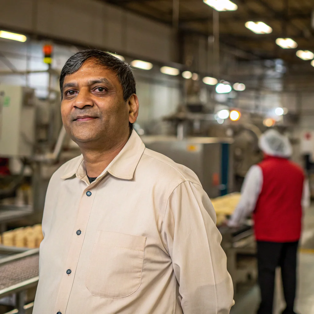 Man in factory with worker in background.