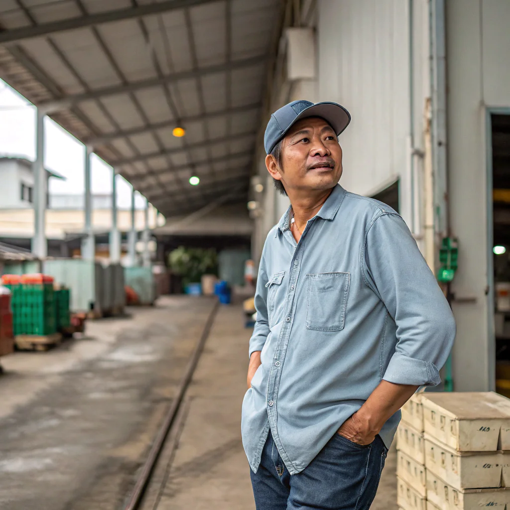 Man in denim shirt inside warehouse