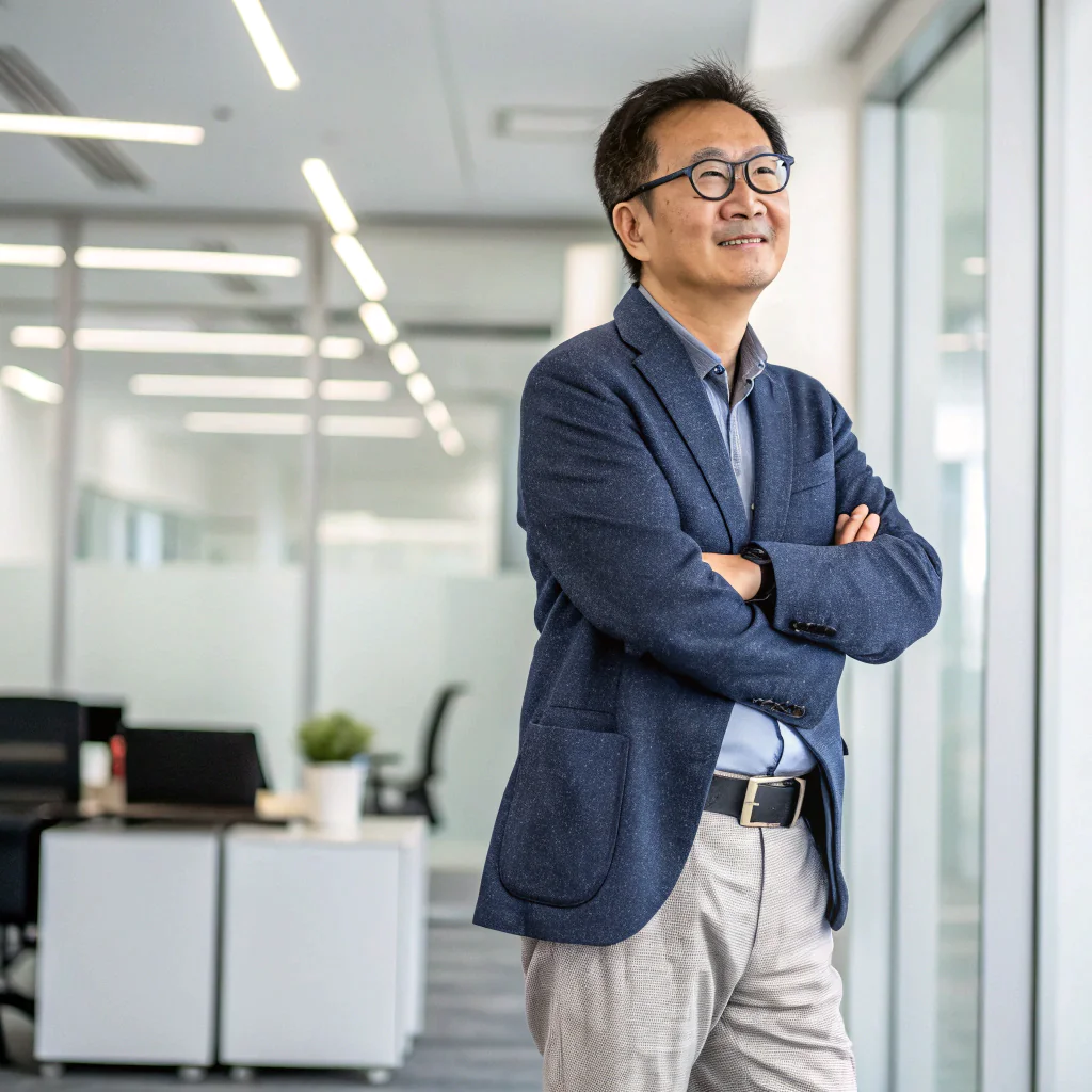 Man in office looking out window confidently.