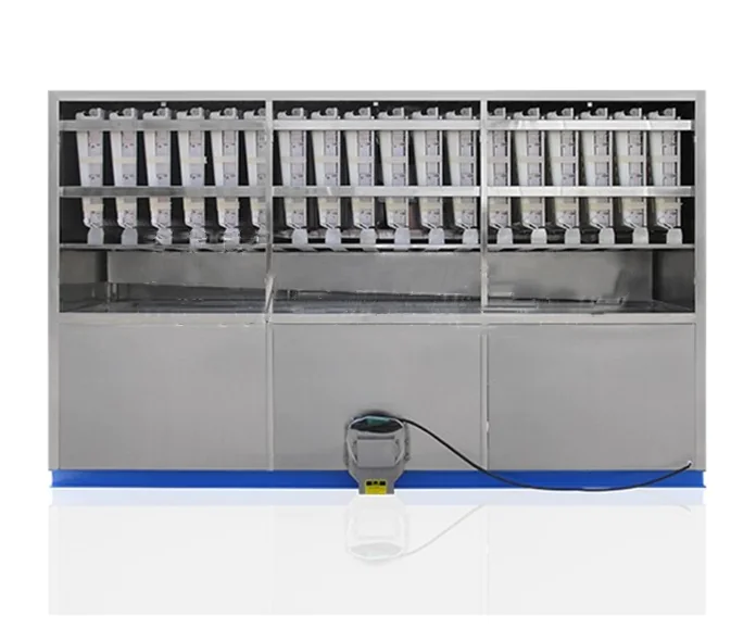 An ice maker producing clear ice cubes next to an automatic filling machine.
