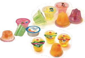 Colorful jelly cups in various shapes and flavors.
