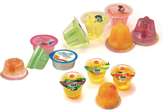 Colorful jelly cups in various shapes and flavors.